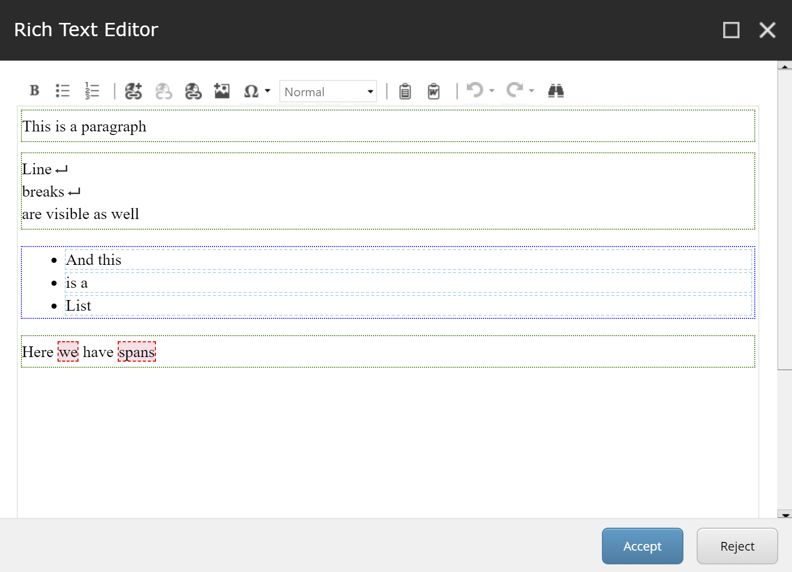 Rich Text Editor with visual indicators